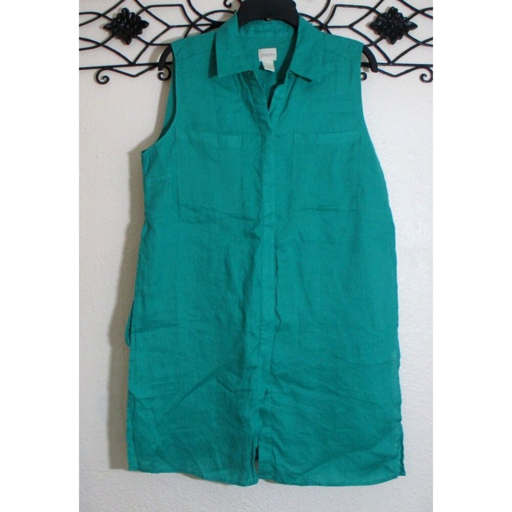 Chico's Linen Tunic Top Size 1 Green Sleevless Button Up